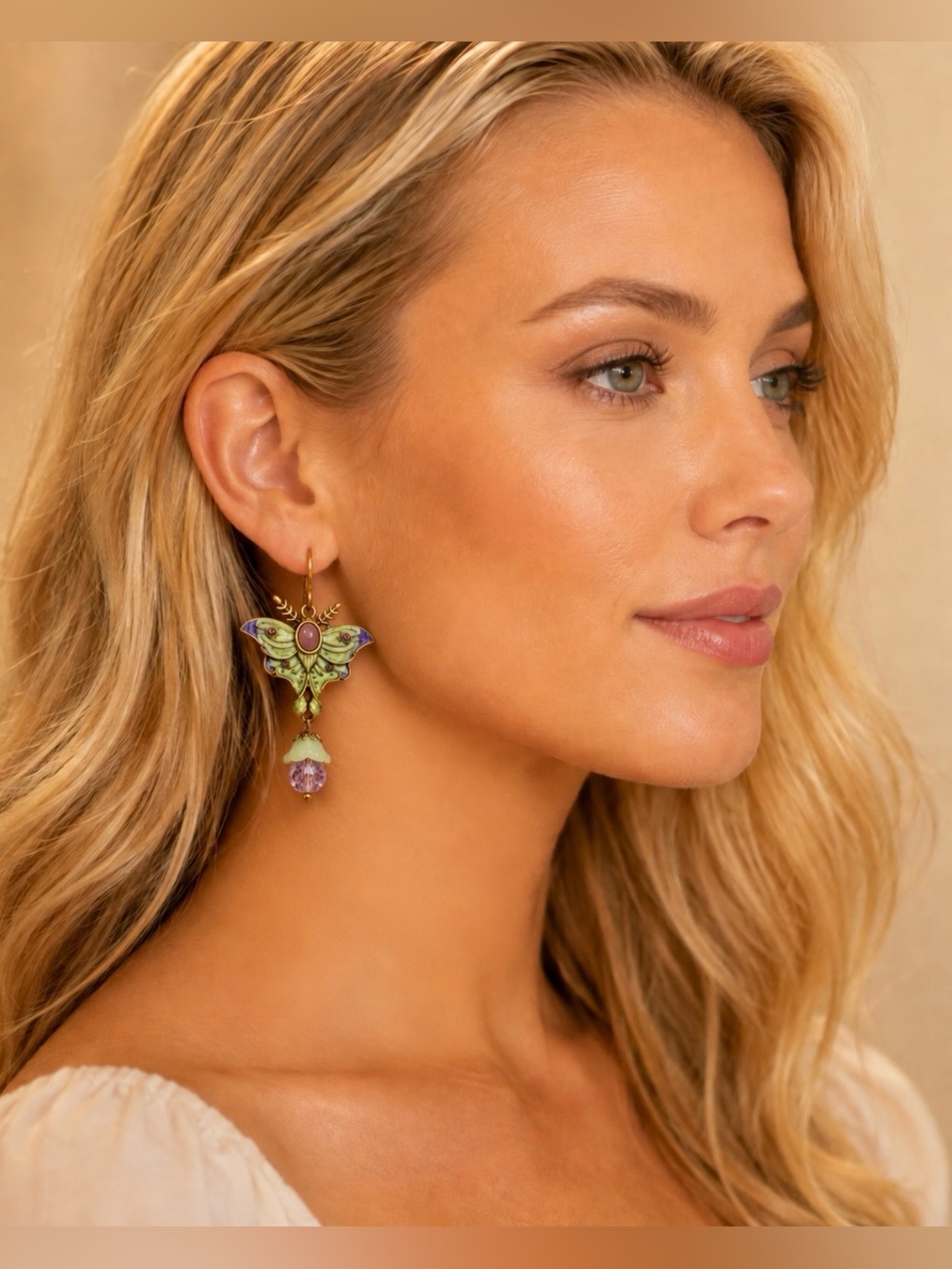 Art Deco Moth Butterfly Drop Earrings Enameled Green Purple